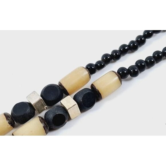 17.5" Sterling Silver & Turquoise Beaded Necklace | Carved Nut & Black Glass Bea - Picture 3 of 6